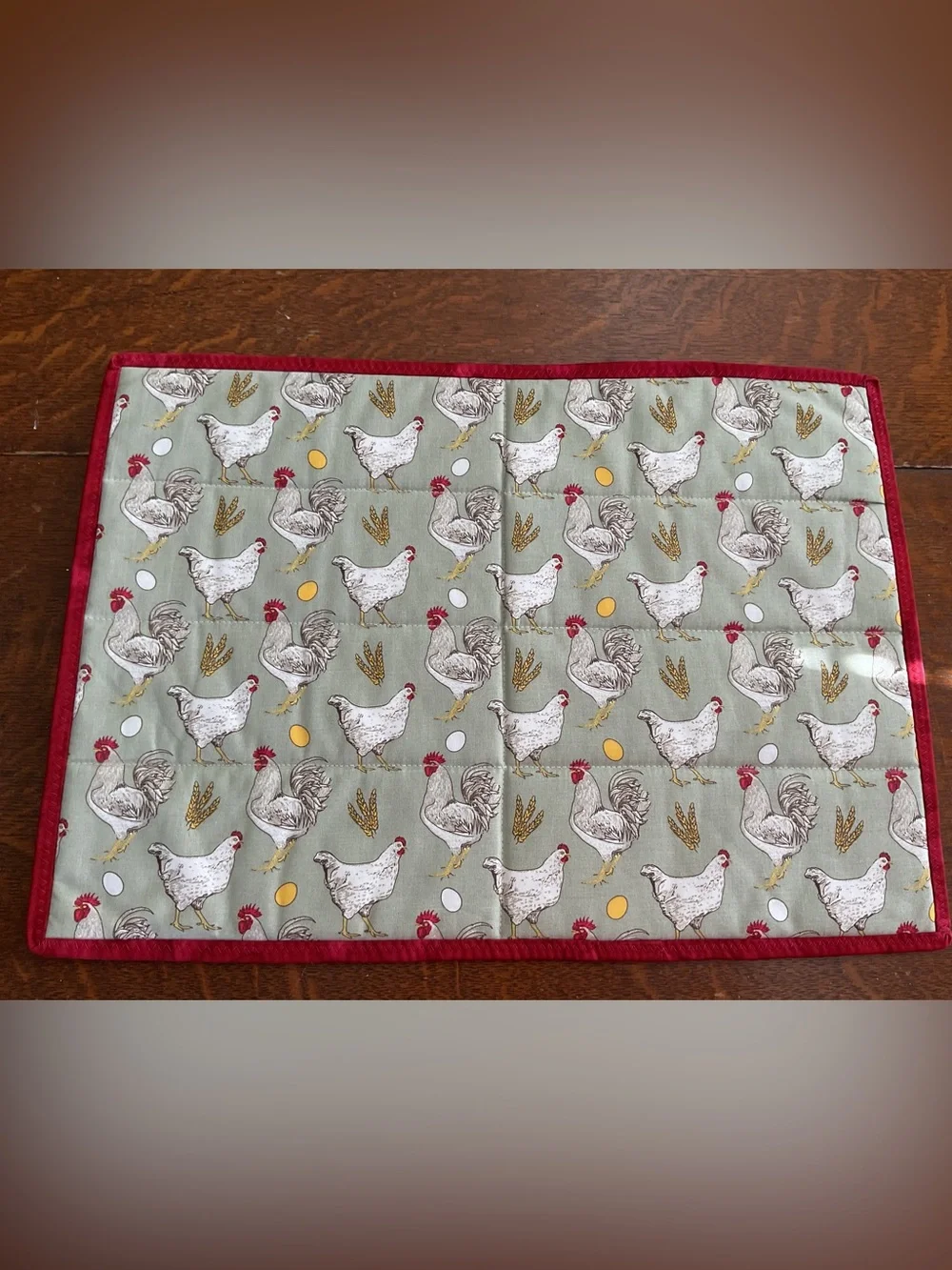 Handmade Quilted Large Hot Pad - Farmhouse Chicken Print with Red Trim